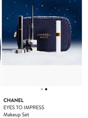 CHANEL Navy Tweed Cosmetic Pouch with Gold Logo. Eyes to Impress 2025 Holiday.